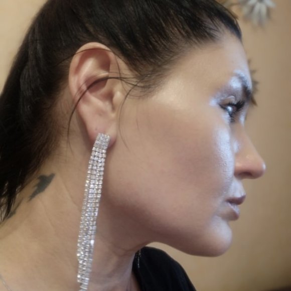 Silver Crystal Rhinestone Long Tassel Tassle Dangle Drop Earrings, Women Vintage - Picture 5 of 5